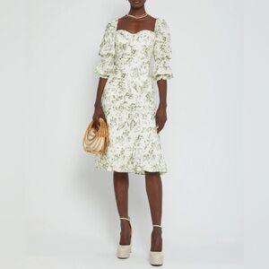 Elegant Cream & Olive Floral Midi Dress with Puff Sleeves flattering neck line